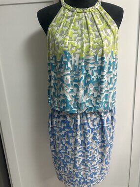 Maggy London Halter Blouson Dress Size 8 Multicolor Y2K Spring